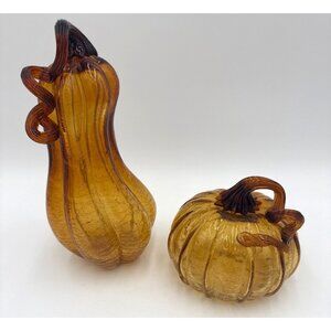 Pier 1 Handblown Art Glass Crackle Pumpkin Gourd Squash Amber Fall Table Decor